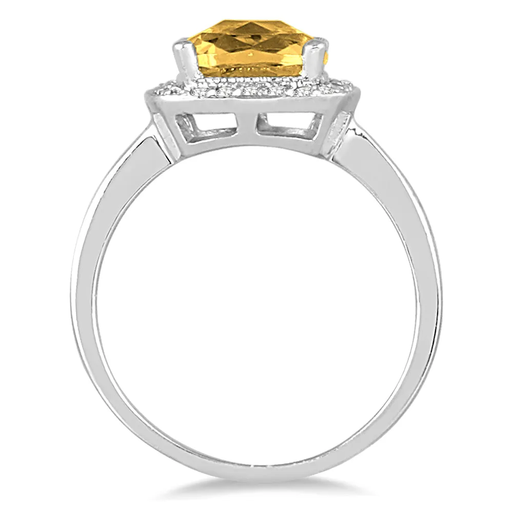 1 1/4 Carat Cushion Cut Citrine And Diamond Ring In 14K White Gold