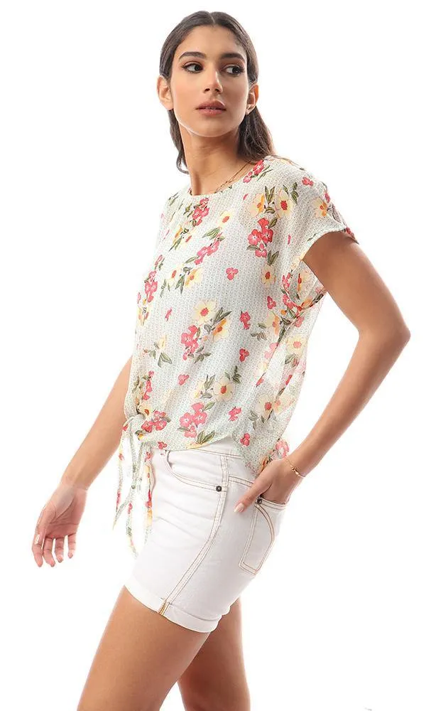 57082 Multicolour Floral Chiffon Blouse With Front Tie