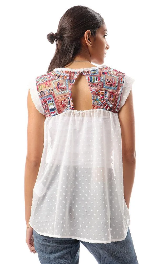 57925 Loose Embroidered Sleeveless Chiffon Blouse - Off-White