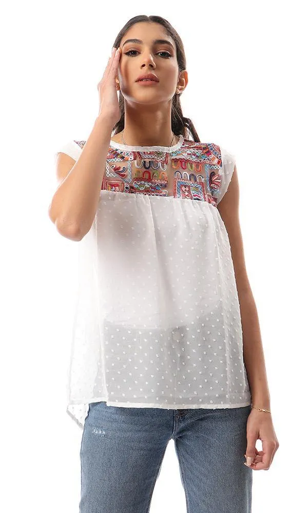 57925 Loose Embroidered Sleeveless Chiffon Blouse - Off-White