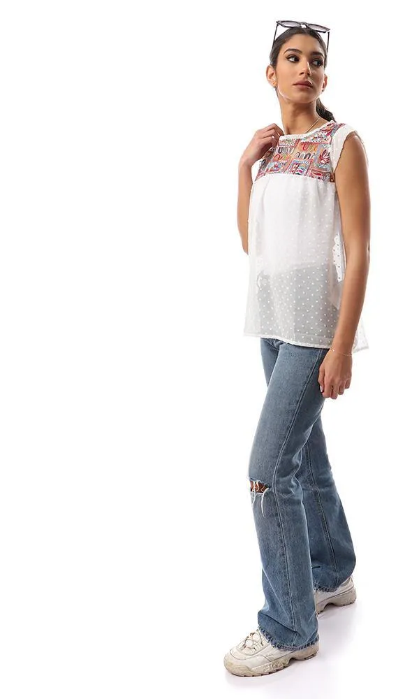 57925 Loose Embroidered Sleeveless Chiffon Blouse - Off-White