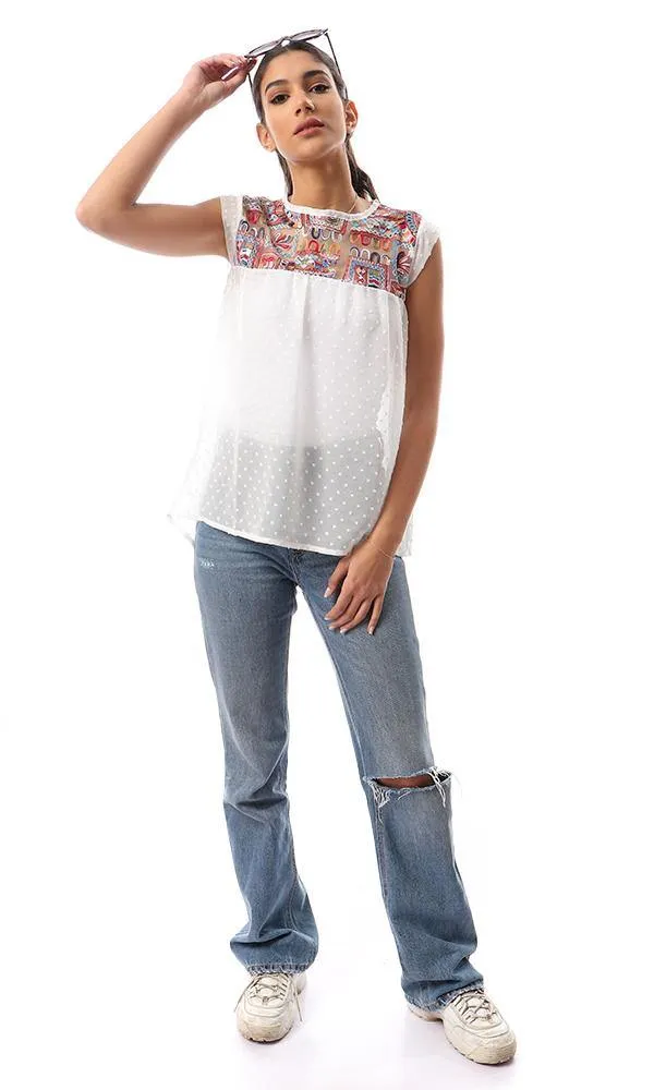 57925 Loose Embroidered Sleeveless Chiffon Blouse - Off-White