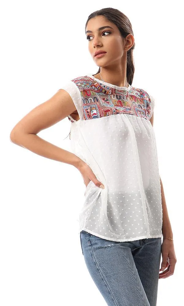 57925 Loose Embroidered Sleeveless Chiffon Blouse - Off-White