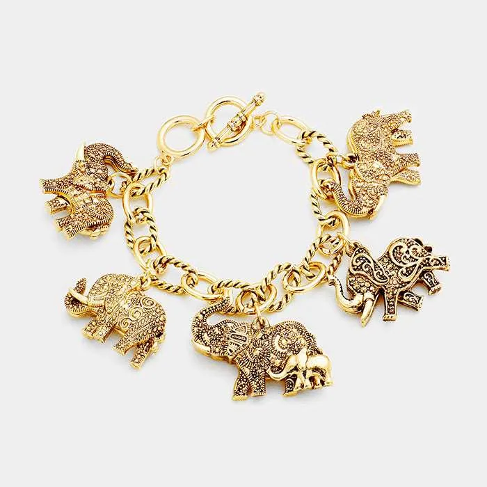 Antique Gold Multi Elephant Charm Station Bracelet