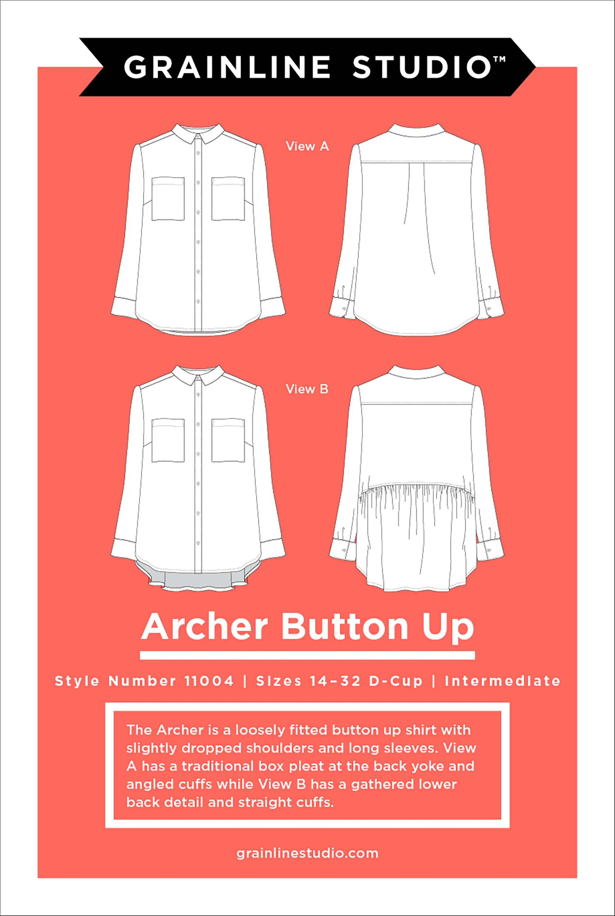 Archer Button Up Sewing Pattern by Grainline Studios Patterns | Sizes 14-32