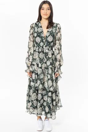 Audrey Green Floral LS V Neck with Ruffle Skirt Midi Dress