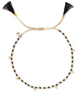 Beaded Black Tassel Bracelet with Gold Disc Charms