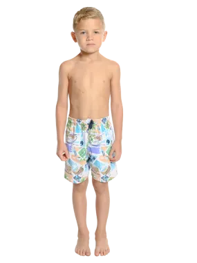 Boys Swim Trunks in a randomized palms print