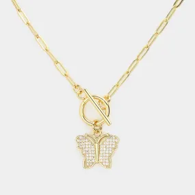 Gold CZ Butterfly Pendant Toggle Necklace Set