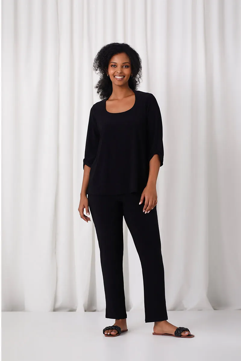 Jewel Neck Smocked Sleeve Top | Black