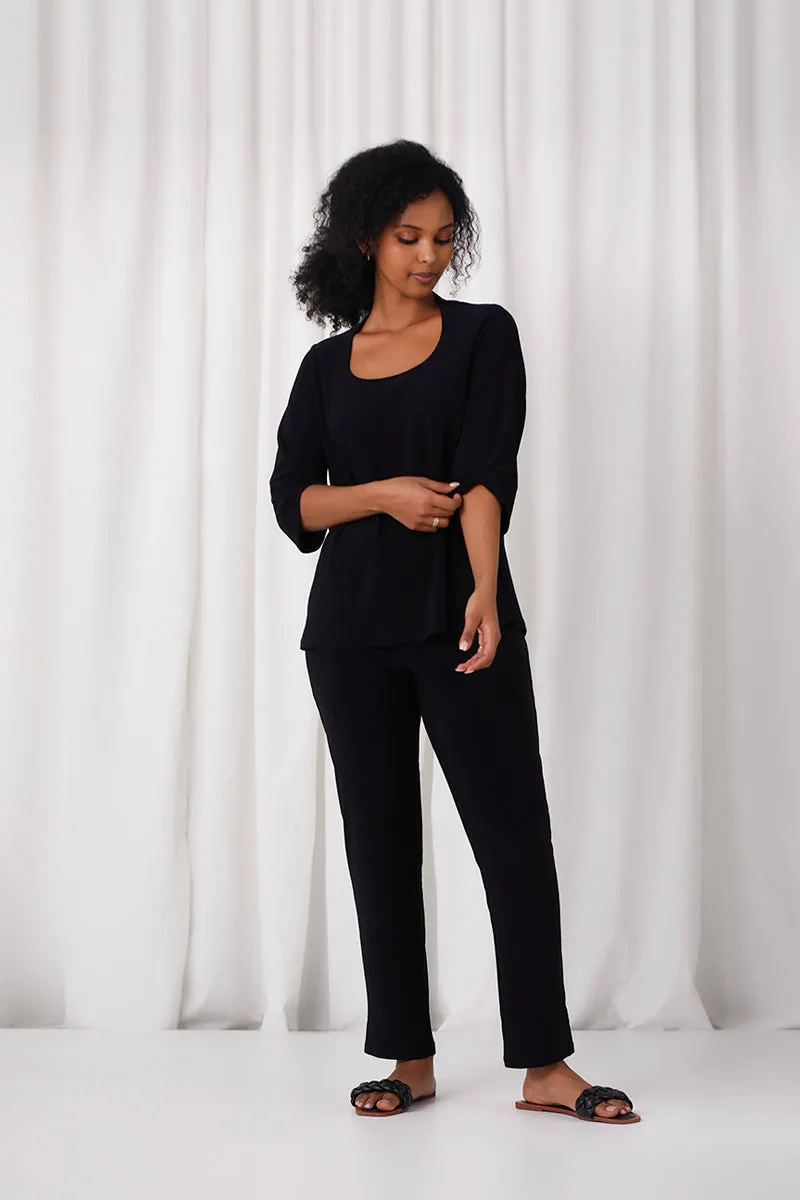 Jewel Neck Smocked Sleeve Top | Black