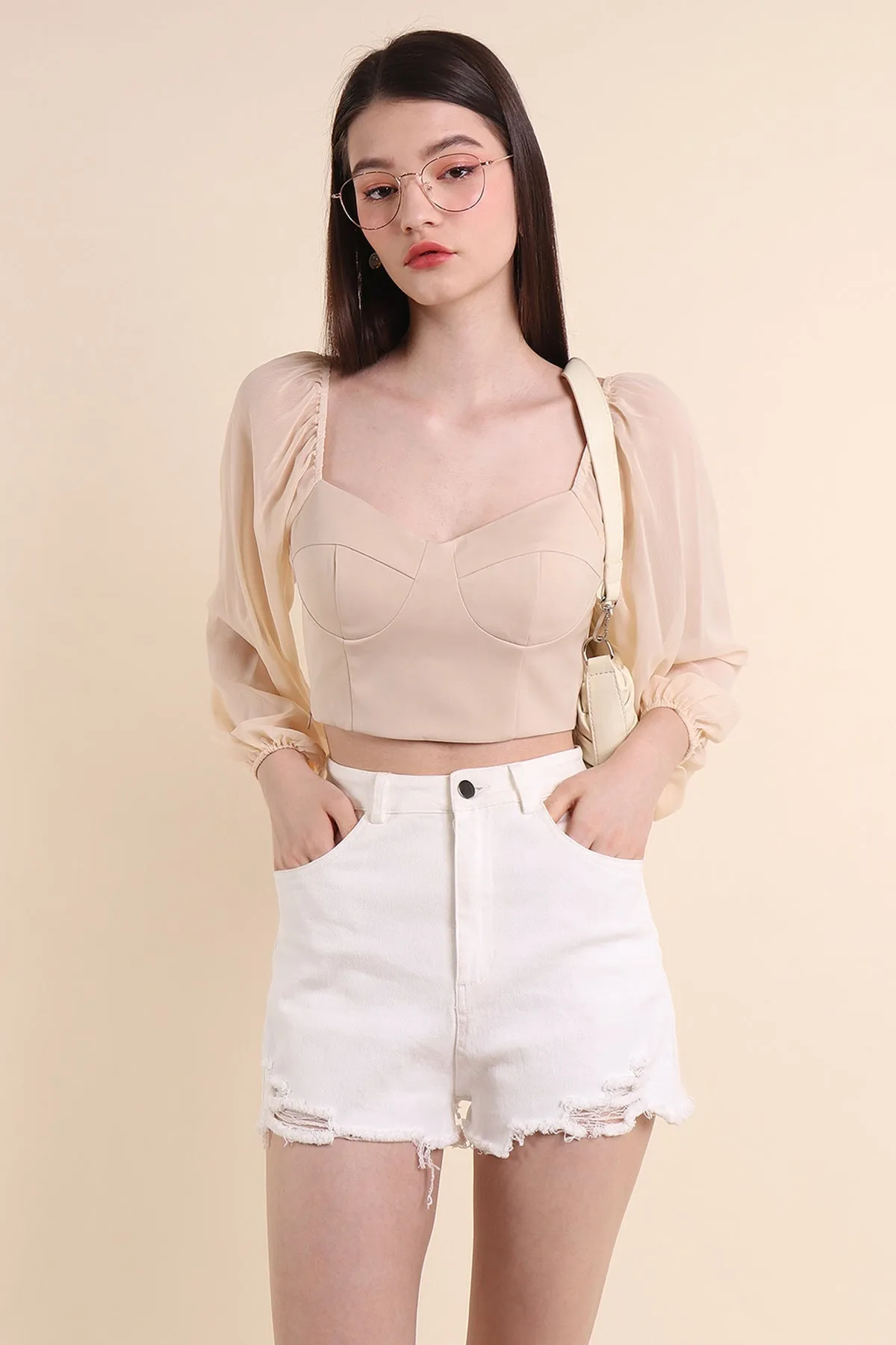 LYRA CHIFFON SLEEVE PADDED TOP IN CREAM LATTE