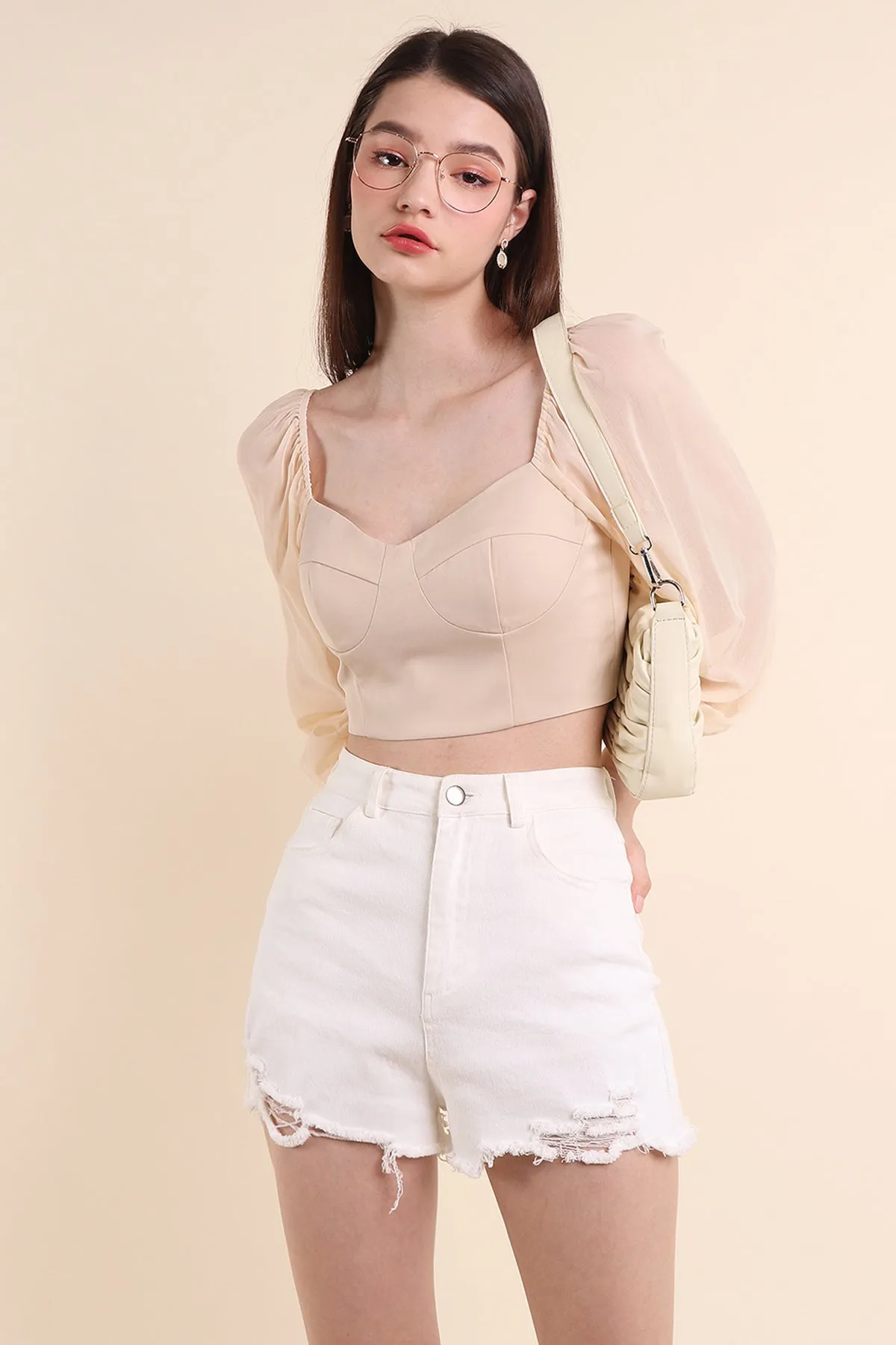 LYRA CHIFFON SLEEVE PADDED TOP IN CREAM LATTE