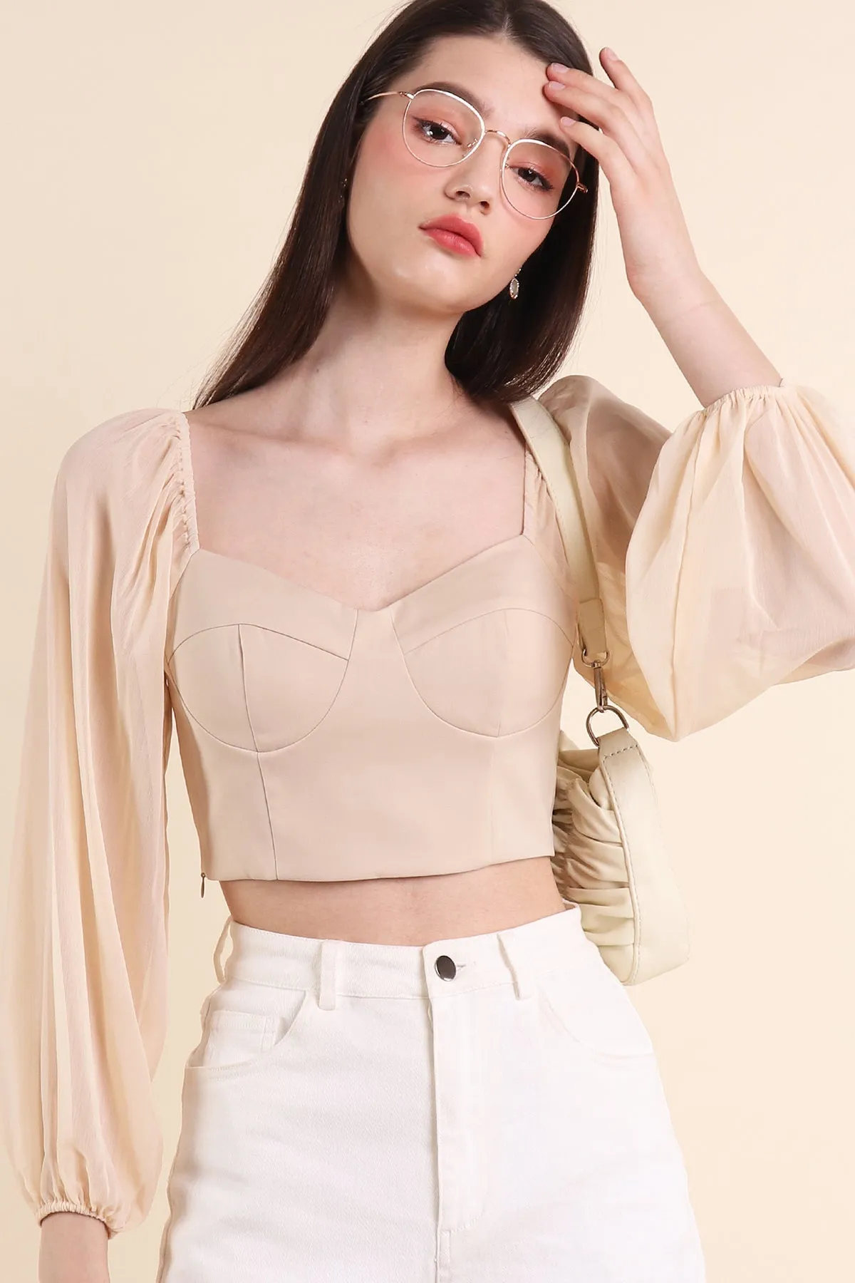 LYRA CHIFFON SLEEVE PADDED TOP IN CREAM LATTE