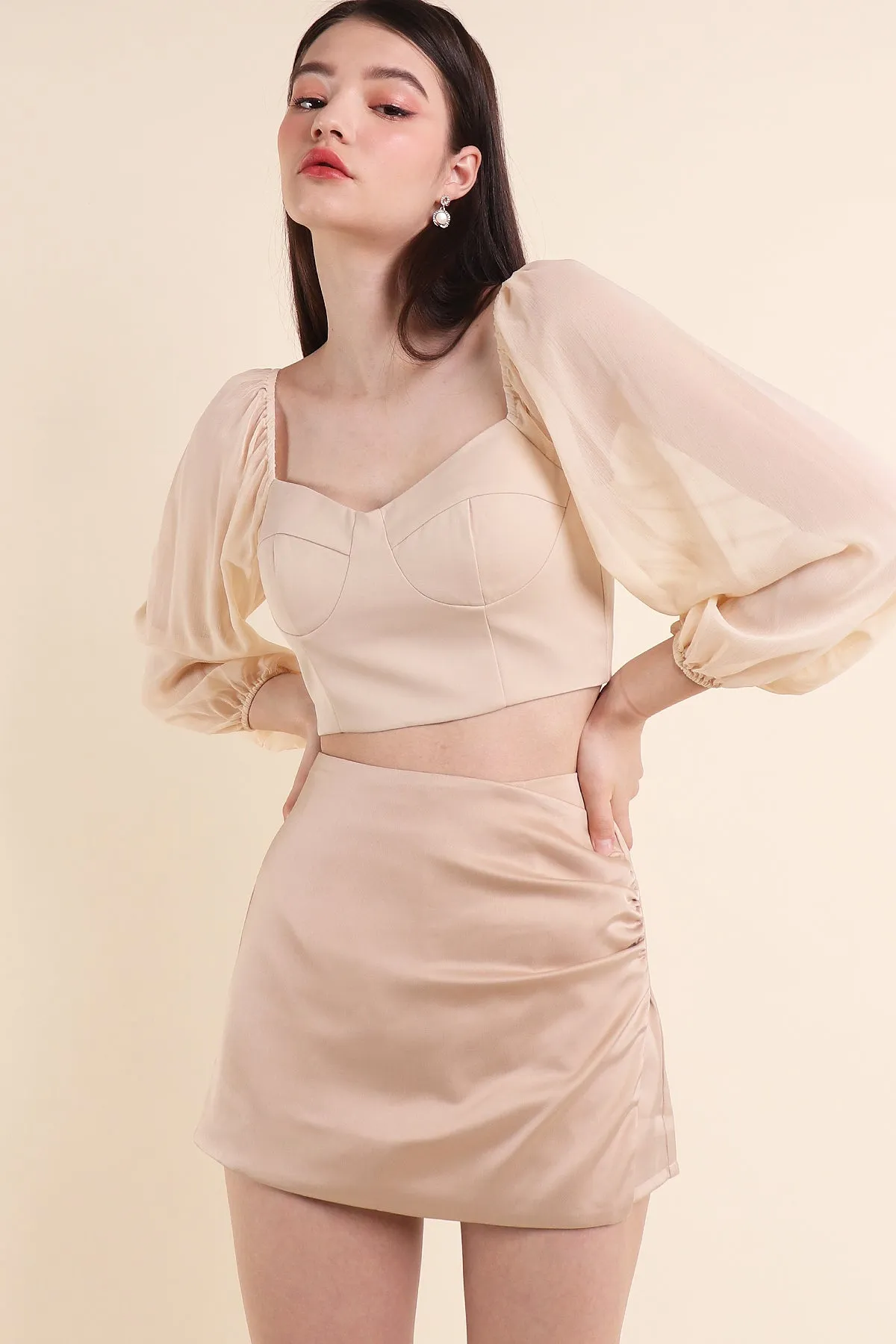 LYRA CHIFFON SLEEVE PADDED TOP IN CREAM LATTE