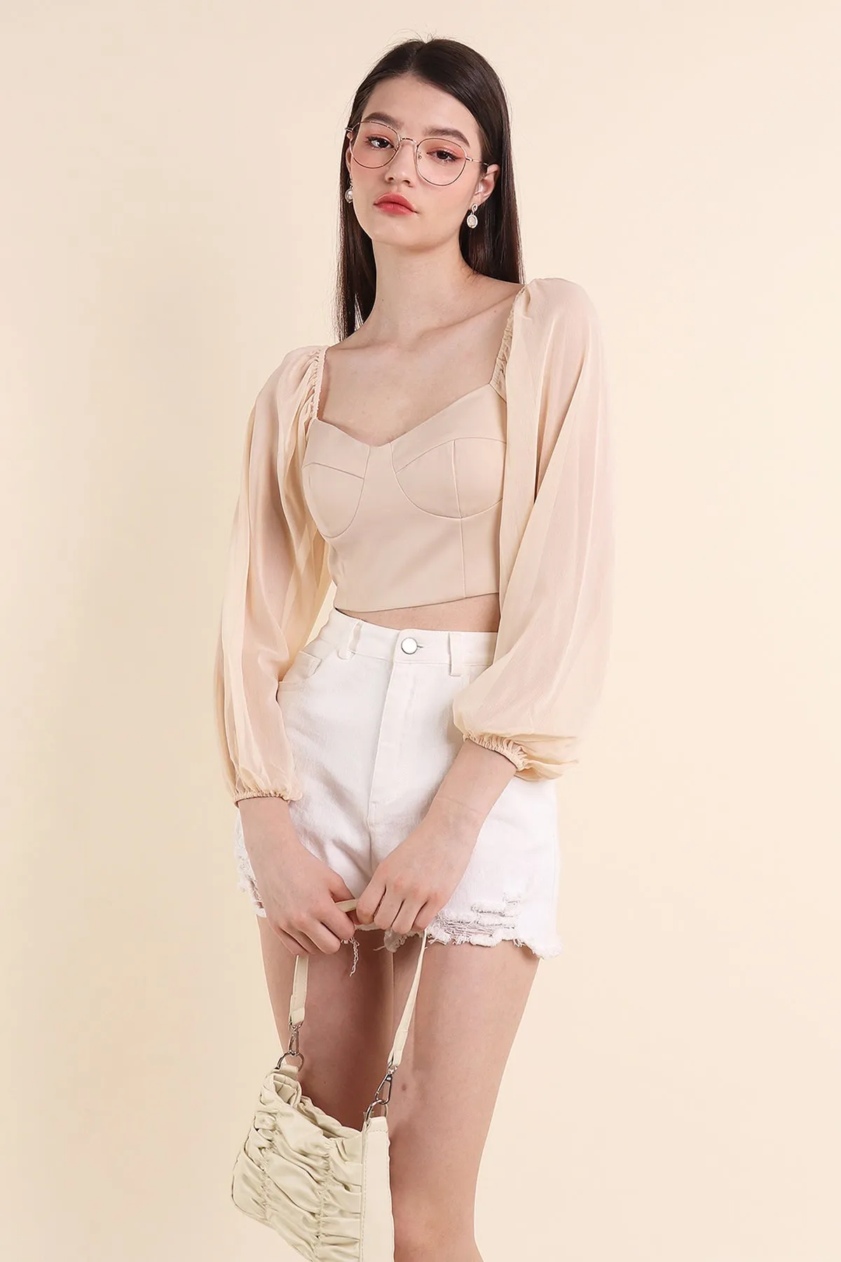 LYRA CHIFFON SLEEVE PADDED TOP IN CREAM LATTE