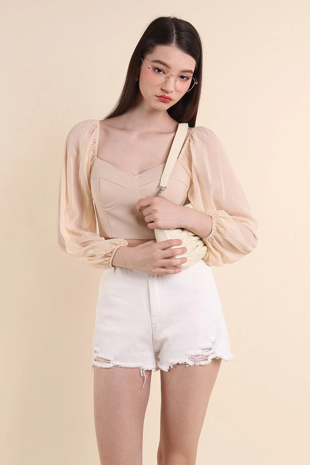 LYRA CHIFFON SLEEVE PADDED TOP IN CREAM LATTE