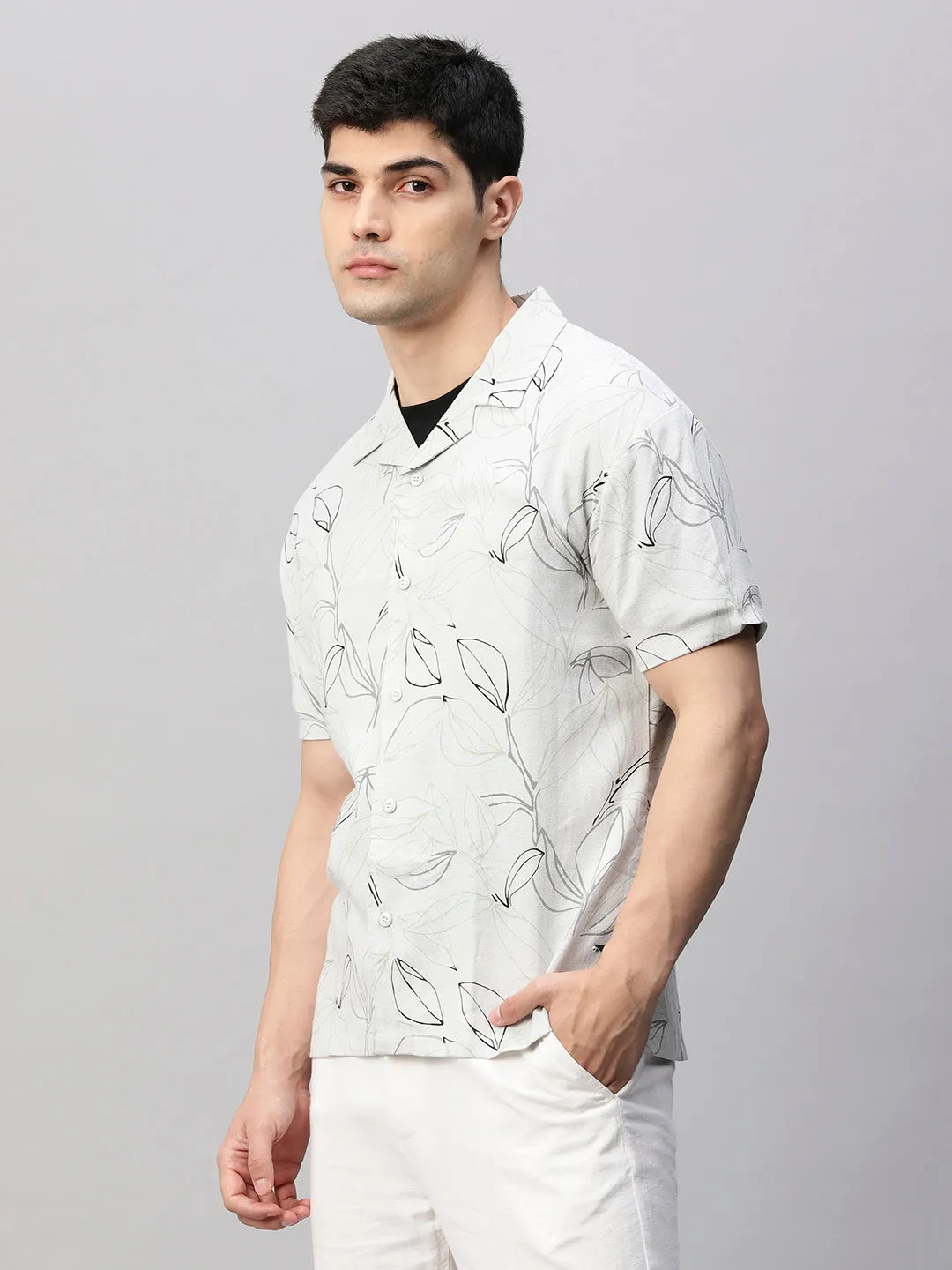 Mens Cuban Collar Printed Casual Shirt