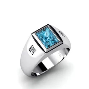 Men's Topaz Gem Ring 10k White Gold with Diamonds Gift for Him