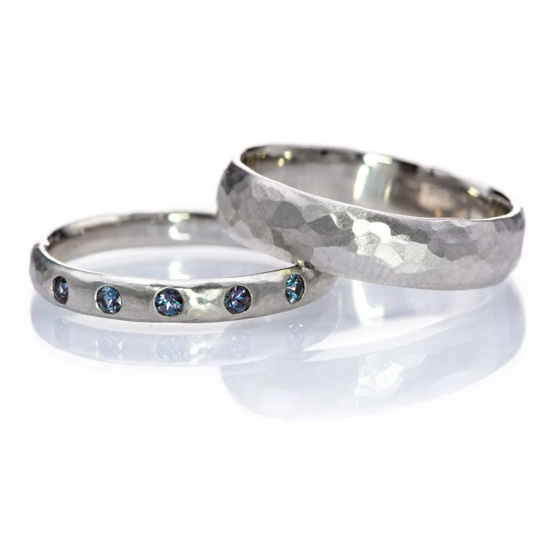 Narrow Hammered Texture Wedding Band With Flush Set Alexandrites