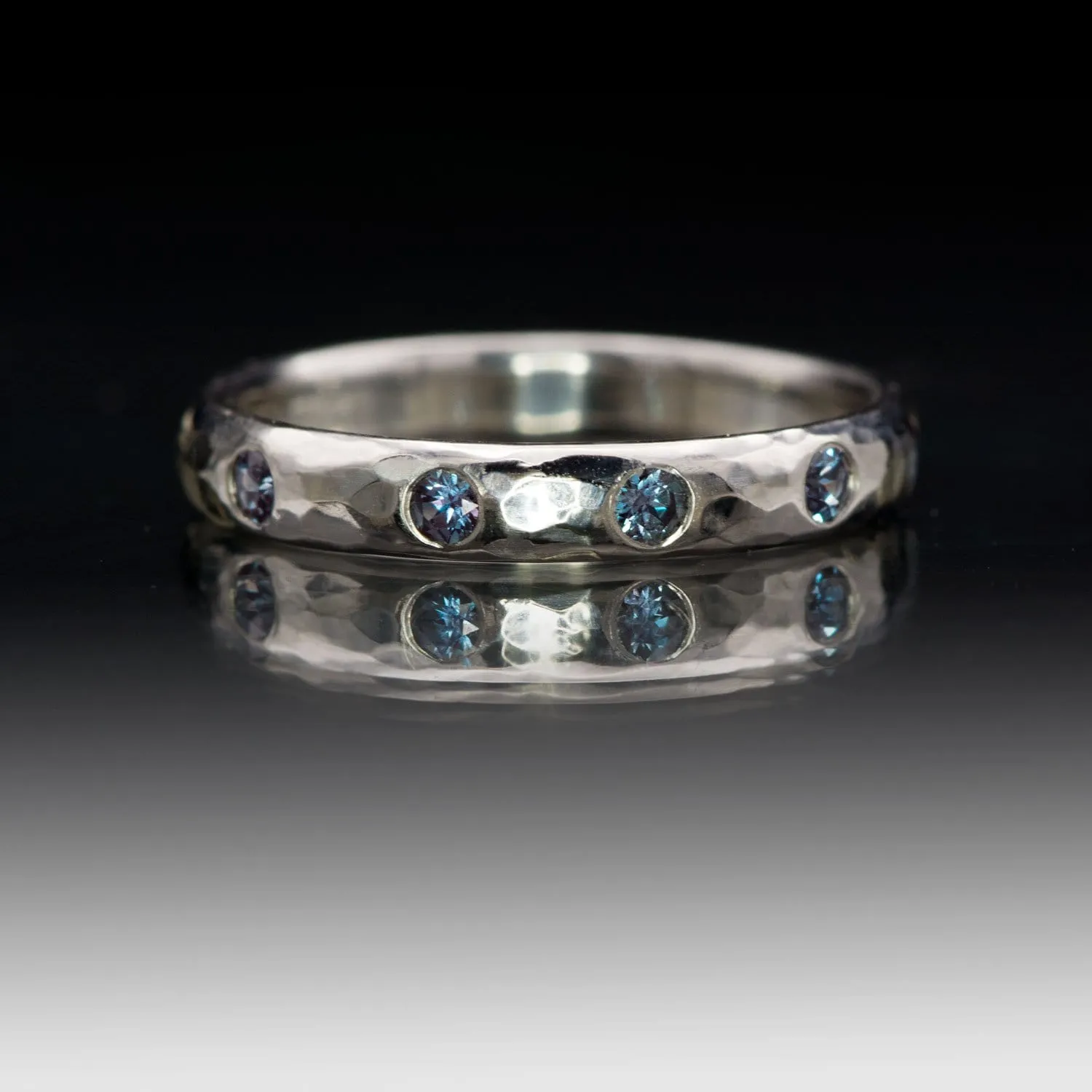 Narrow Hammered Texture Wedding Band With Flush Set Alexandrites