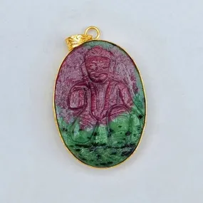 Natural Ruby Zoisite Bezel Set Hanuman Carved Pendant