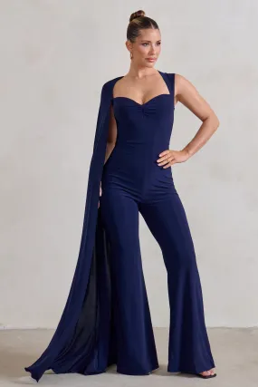 Vivi | Navy Asymmetric Cape Sleeve Jumpsuit